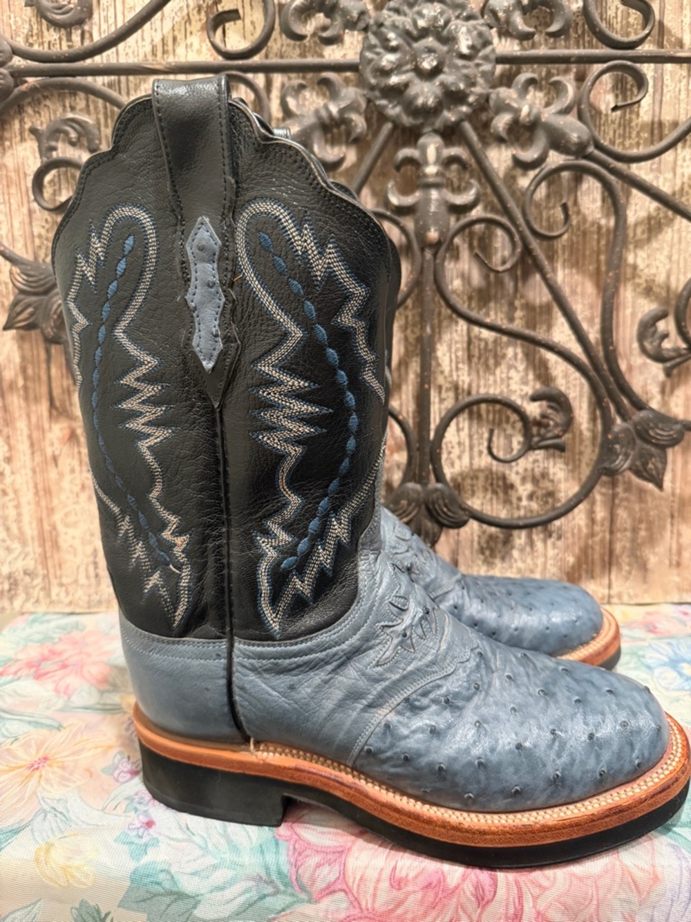 Lucchese Black Shaft with Blue Ostrich Vamps Heeled Cowboy Boots